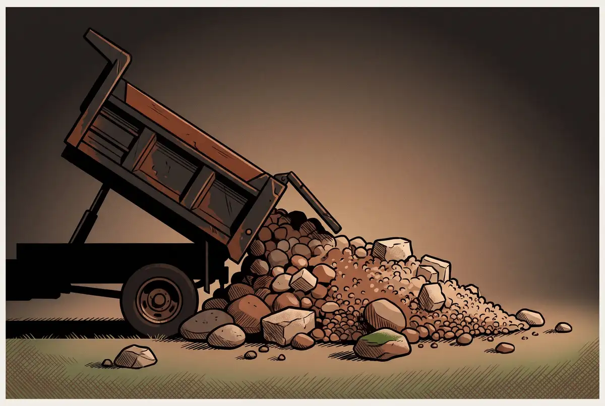 An illustration of a dump truck bed tipped up, pouring a mounded pile of river rock, limestone chunks and pea gravel, with a few loose stones and one moss-covered rock resting near a strip of mown grass, against a dark, warm gradient sky.